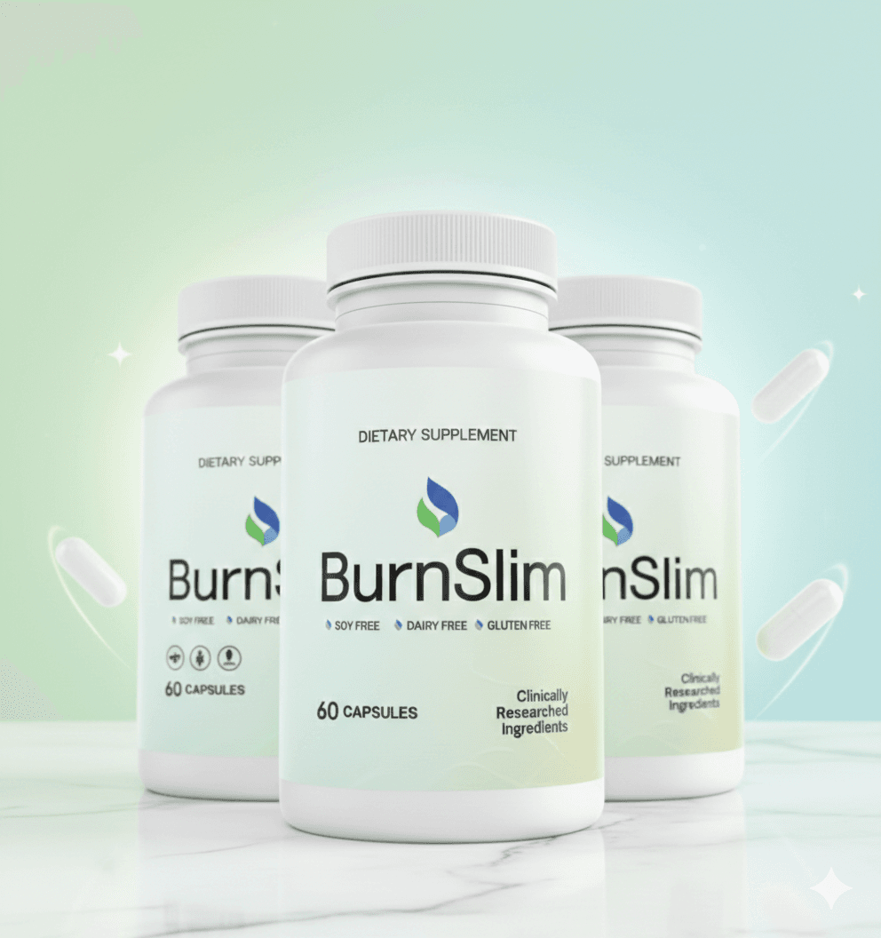 Three white BurnSlim supplement bottles on marble with floating capsules and a green background.