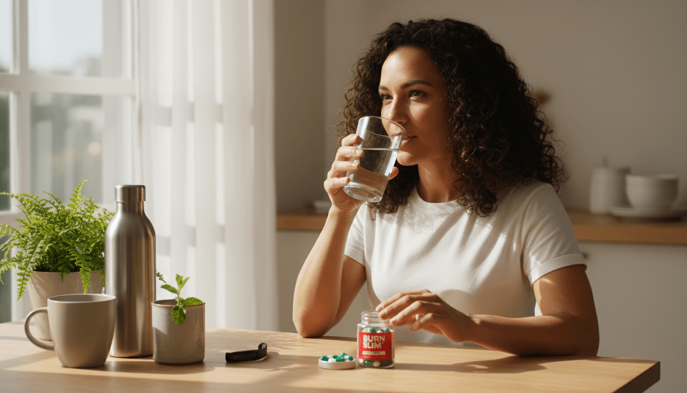 Woman preparing to take Burn Slim capsules as part of her morning wellness routine