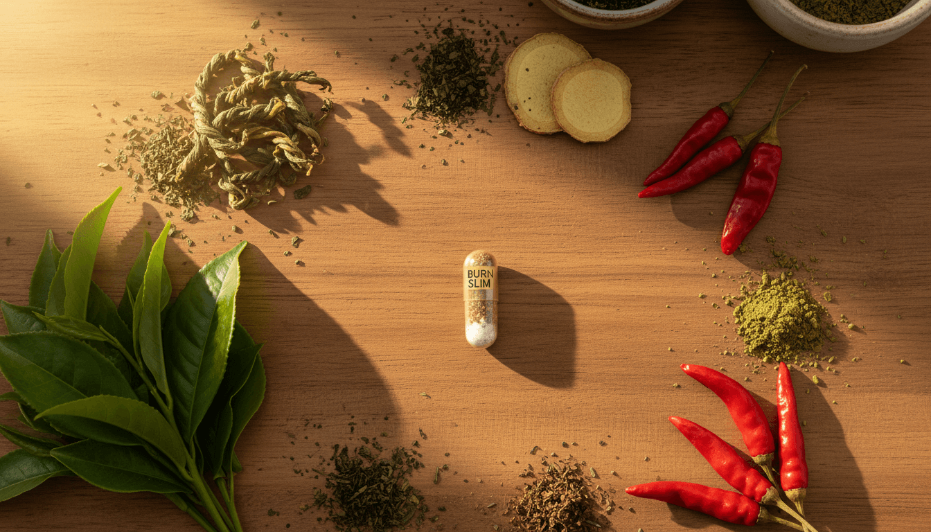 Natural ingredients and Burn Slim capsule arranged on wooden surface with morning light