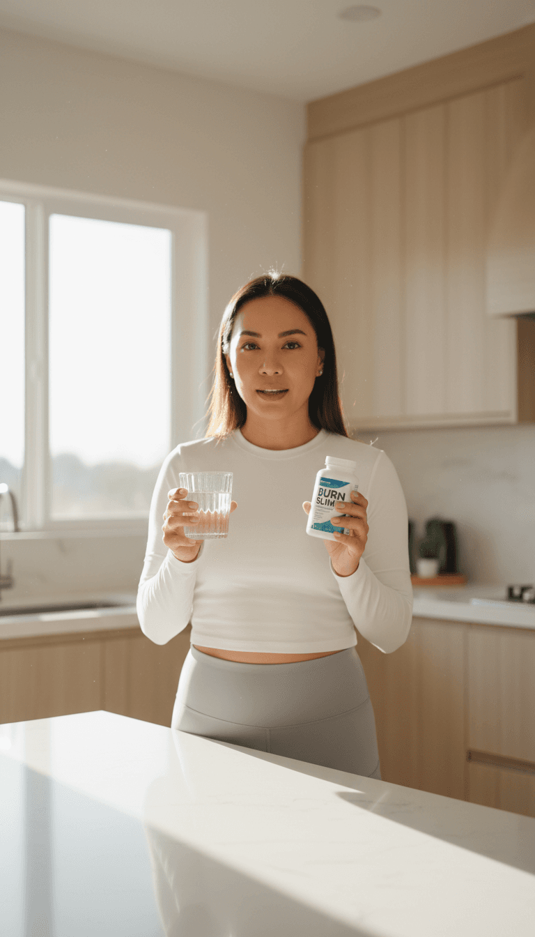 Woman holding Burn Slim pills and water glass in bright kitchen