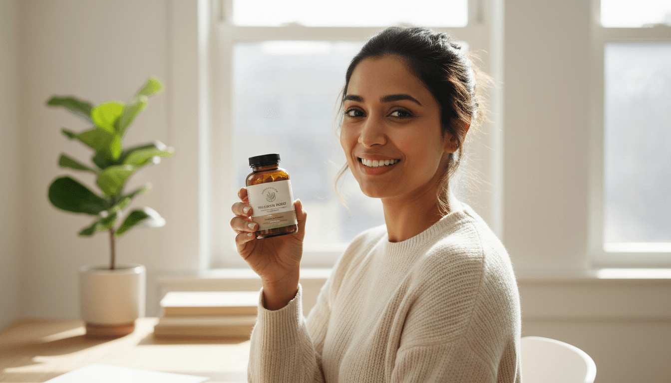 Woman holding Burn Slim natural weight loss support formula bottle in bright natural light